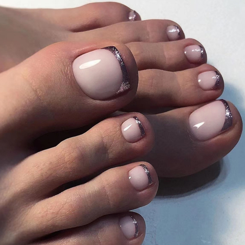 Shining Simple French Style Foot Nail Art Wine Red Glitter Fashion All-match Girls ins Style Foot Nail