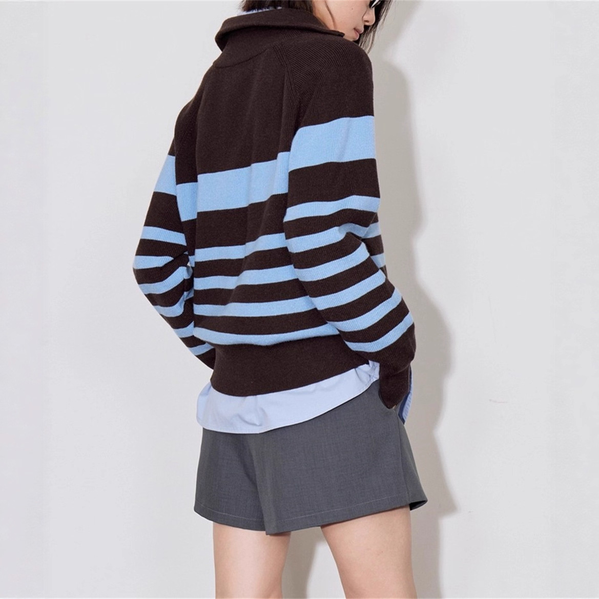 Stripes de contraste semia cremallera con solapa overhead suéter de invierno para mujeres de otoño y invierno para usar ropa de punto de reducción de edad suelta image 4