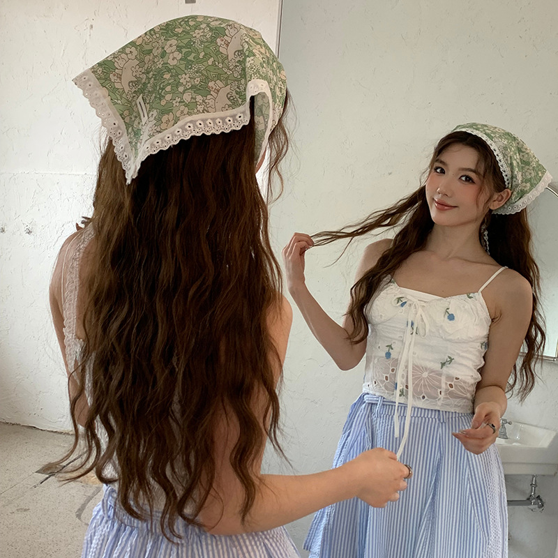 Pañuelo de seda de confinamiento de encaje de diadema francés de alta gama ins pañuelo de playa de fotografía de viaje de verano de alta gama