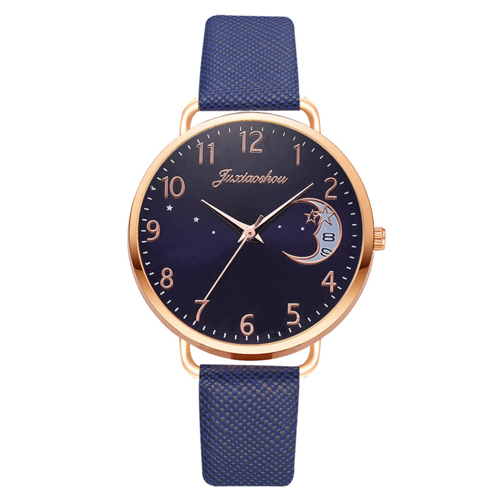 new hot women's personality quartz watch set Pu with moon pattern dial with calendar_voghion.com