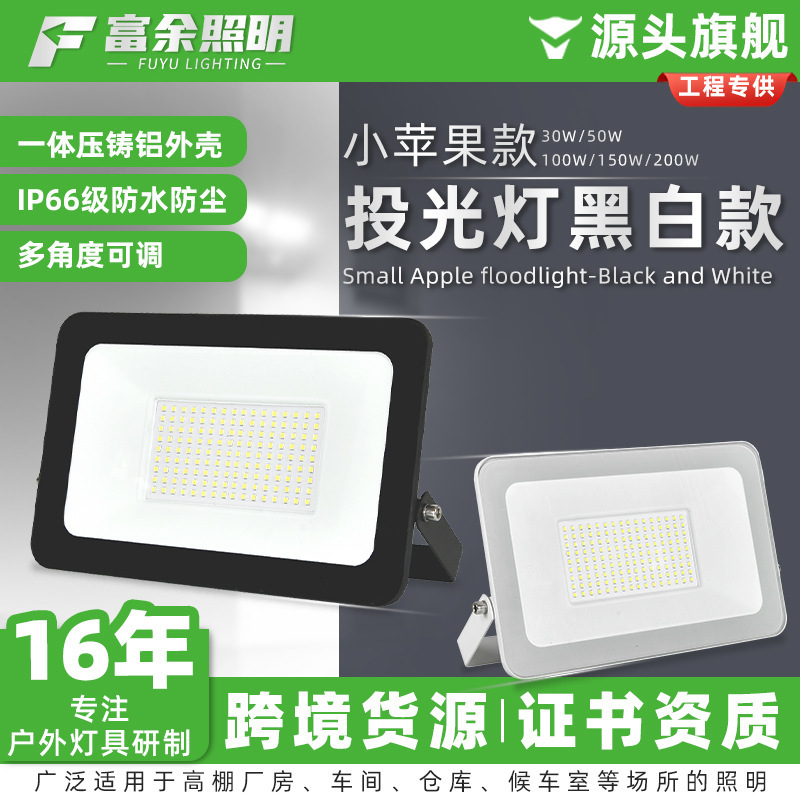 Outdoor floodlight in black and white, die-cast aluminum, IP66 waterproof, 50W/100W landscape light, small apple-shaped floodlight for projects Outdoor floodlight in black and white, die-cast aluminum, IP66 waterproof, 50W/100W landscape light, small apple-shaped floodlight for projects