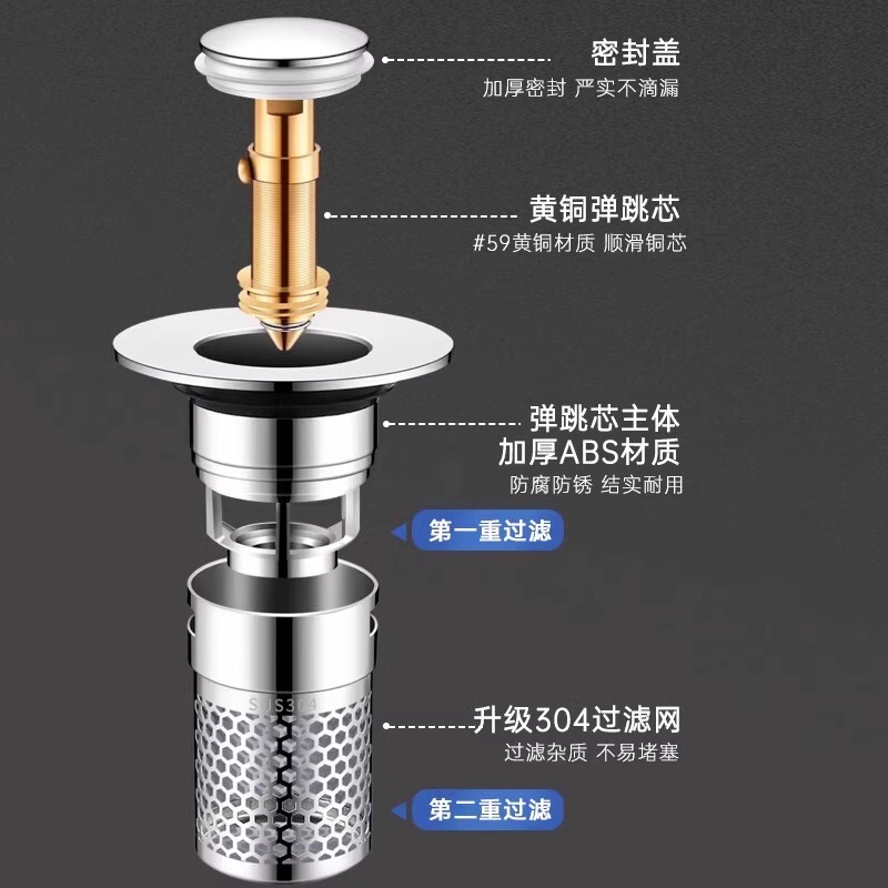 洗手盆脸盆漏水塞子面盆弹跳芯按压式配件防臭过滤通用下水器滤网|undefined