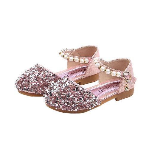Crystal shoe for girls, children's flower pattern slip-on shoes with sequins, flat soft sole single shoes, spring style for girls, walk show host, leather shoes