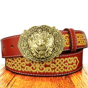 Men's Genuine Leather Pure Copper Smooth Buckle Ethnic All-match Personalized Trendy Pure Cowhide Belt for Men