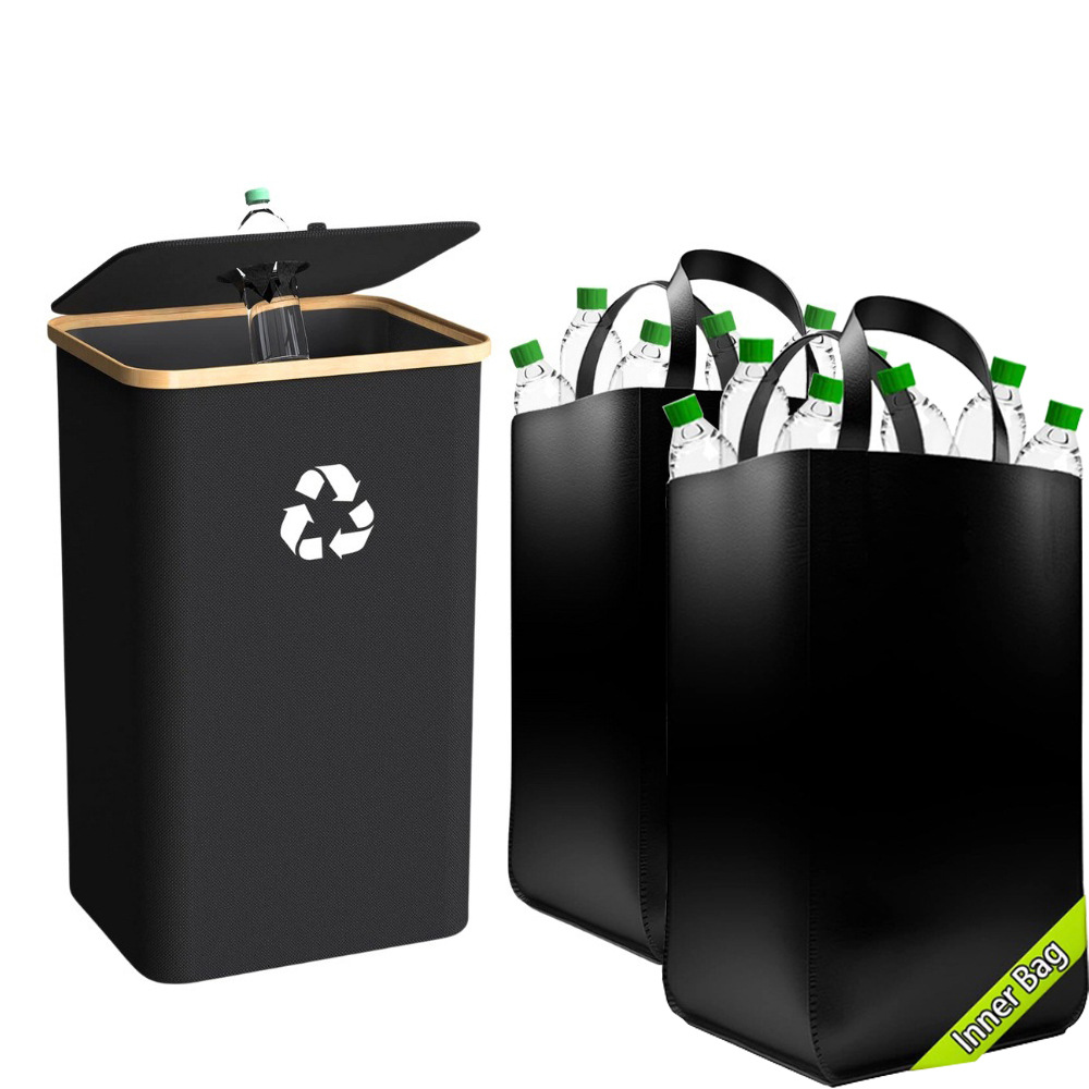 Botella reciclada cesta de almacenamiento de bambú con cubierta cesta de ropa sucia cesta de almacenamiento desmontable cesta de reciclaje caja de reciclaje plegable doméstica