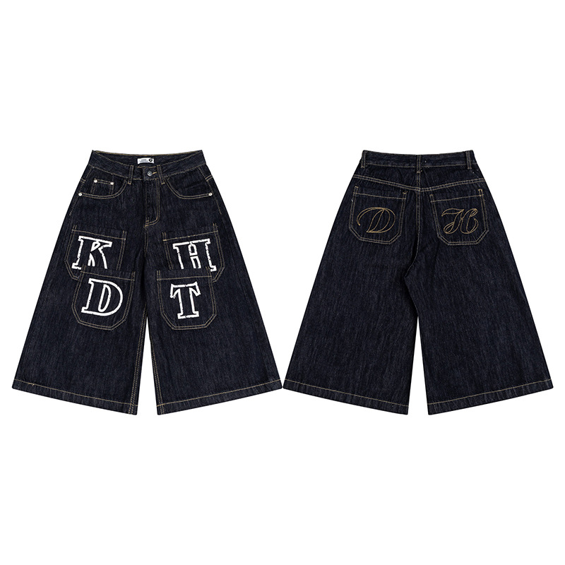 Unisex Vintage American Style Denim Capri Pants With Multi-Pockets, Relaxed Fit Straight Leg Wide Cuff For Summer_viptrois.com