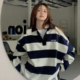 外贸早秋新款运动风撞色条纹Polo领卫衣女宽松廓形休闲显瘦上衣女
