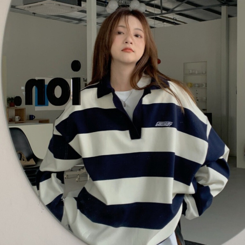 Foreign Trade Early Autumn New Sports Style Contrast Stripesd Polo Collar Sweatshirt for Women Loose Silhouette Casual Slim Top for Women