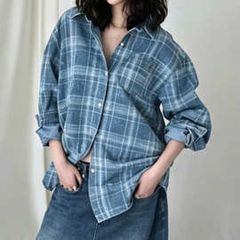 韩国东大门女装高货韩系格纹BF风秋冬宽松长袖衬衫