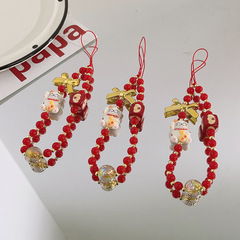 喜慶紅色珠珠手鍊手機掛繩ins風手工串珠鏈條相機掛鏈手機通用785
