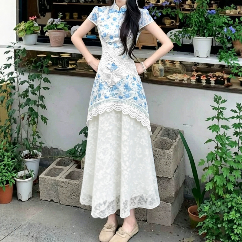 Chiffon Dress with New Chinese-Style Floral Design, Improved Qipao Dress, Beautiful and Unique Patchwork Waist-Cinching Elegant Long Dress