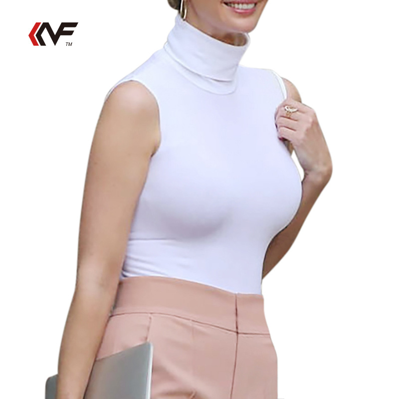 크로스보더 다이렉트 서플라이 여성용 플레인 하이 칼라 민소매 스트레치 코튼 티셔츠 여성용 심플 하의 맞춤형 올매치 티셔츠