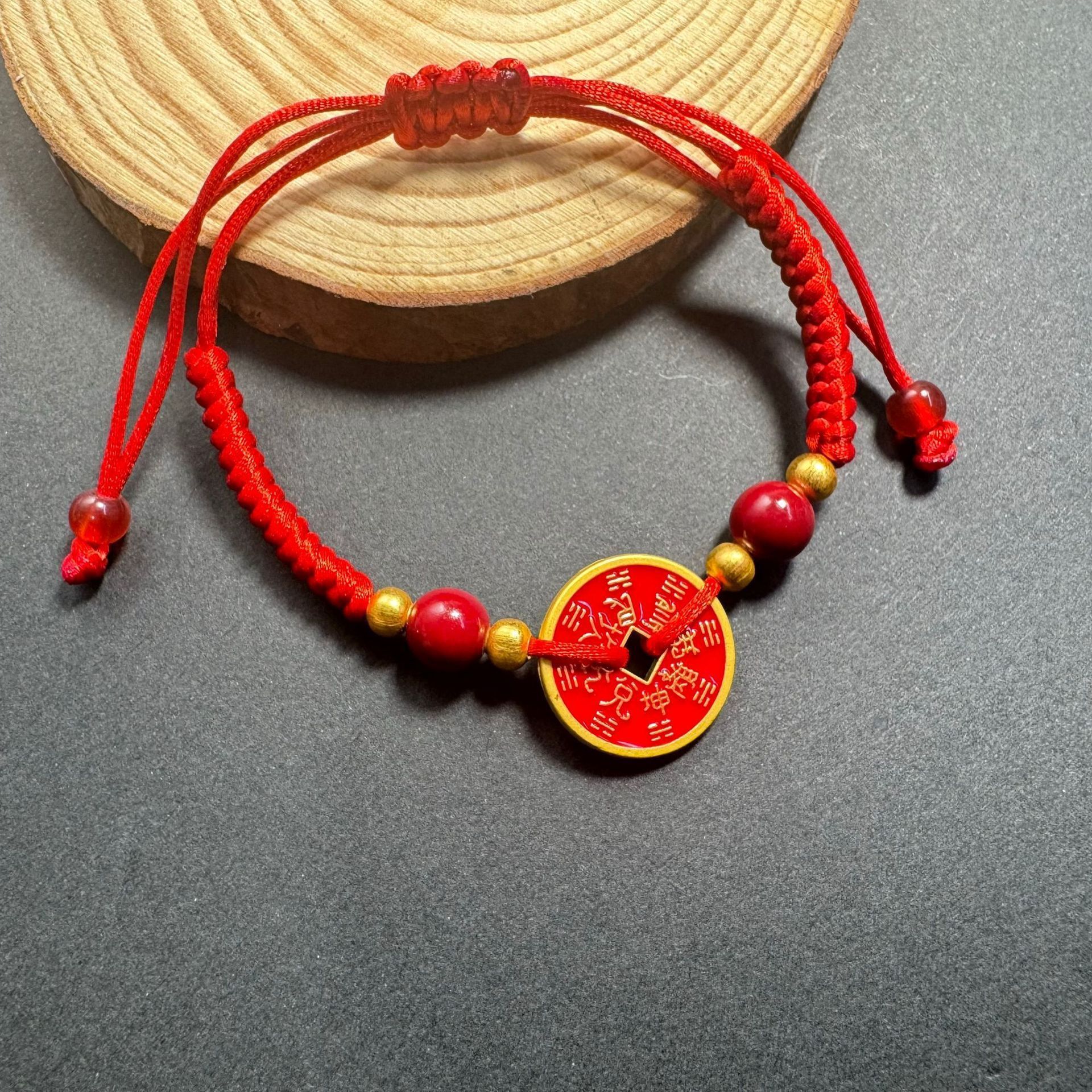 Mountain Spirit Coin Red String Bracelet Adjustable Handmade Red String for the Year of the Zodiac Unisex