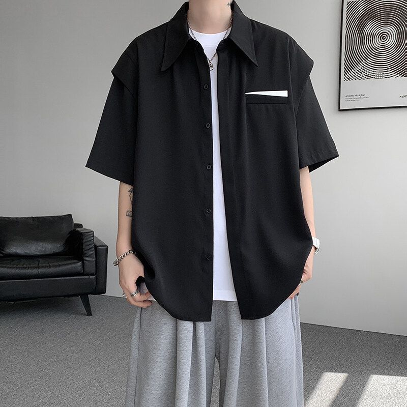 アイスシルククールシャツ半袖メンズ夏カップルシャツTシャツルーズフェイクツーピース五分袖ジャケットホワイト|undefined