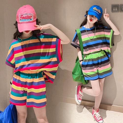Fashionable sportswear set for girls, trendy  new children's summer colorful striped short-sleeve two-piece set