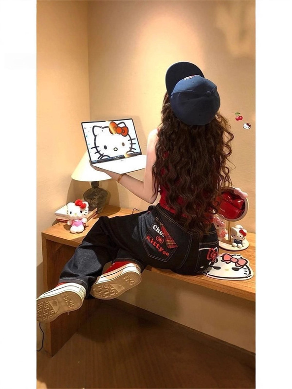 小众辣妹kitty猫刺绣格子拼接牛仔裤女休闲宽松直筒阔腿工装裤|undefined