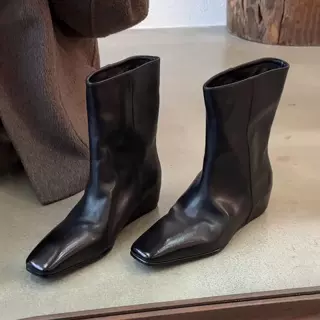 超软牛皮韩版气质显瘦骑士靴女小个子内增高中筒靴子方头宽筒短靴