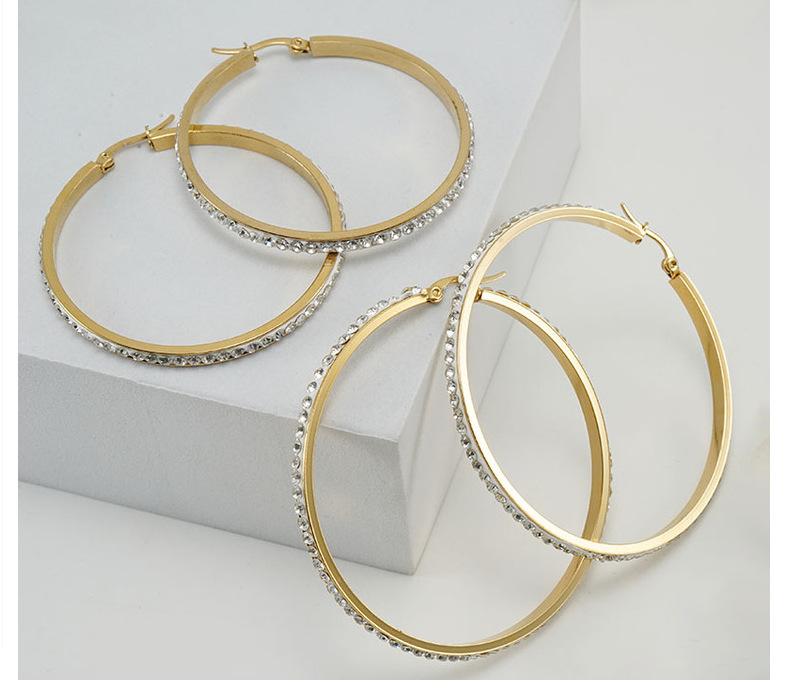 Fashion Round Stainless Steel Hoop Earrings Inlay Rhinestones Stainless Steel Earrings 1 Pair display picture 2
