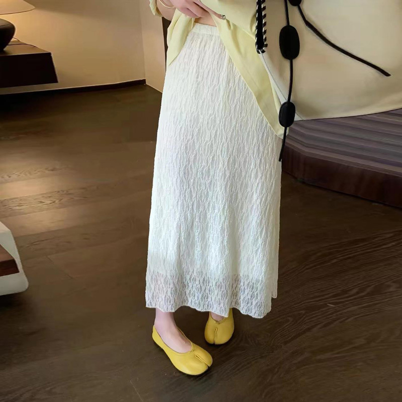 Solid Color Pleated Straight Skirt for Women 2026 Spring New Style High-Waisted Elegant Versatile Elastic Waist Soft Lace Long Skirt Solid Color Pleated Straight Skirt for Women 2026 Spring New Style High-Waisted Elegant Versatile Elastic Waist Soft Lace Long Skirt