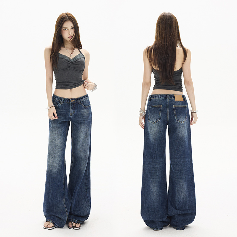 Nive Denim American Retro Style Dark Blue Straight-Leg Slimming Wide-Leg Jeans with Low Waist and Flattering Waist-To-Hip Ratio