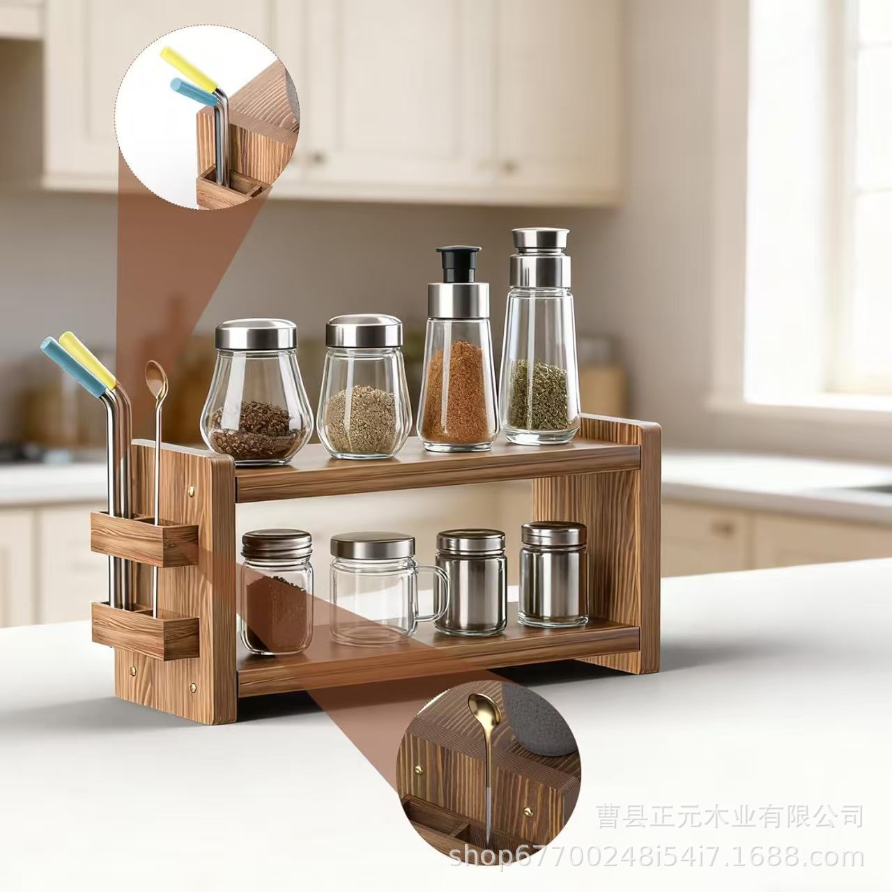 Solid Wood Coffee Cup Storage Rack with Straw Holder, Bar Cup Holder, Kitchen Tabletop Spice Organizer