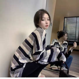 条纹日系慵懒风t恤女大版胖mm打底衫遮肚子长款上衣遮屁股时尚秋