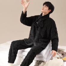 2025新款睡衣男士冬季加绒加厚款法兰绒保暖珊瑚绒家居服黑色套装