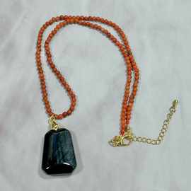 新中式国风天然蓝虎眼无事牌吊坠中古vintage南红玛瑙小圆珠项链