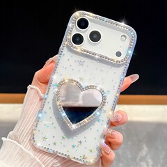 闪钻边框补妆镜子适用苹果17手机壳iPhone16promax奢华爱心支架15