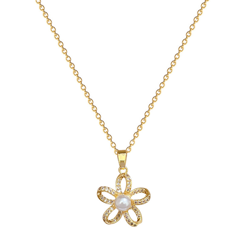 Wunderschöne Perlenkette Mit Fünfblättriger Blume Aus Titanstahl_voghion.com