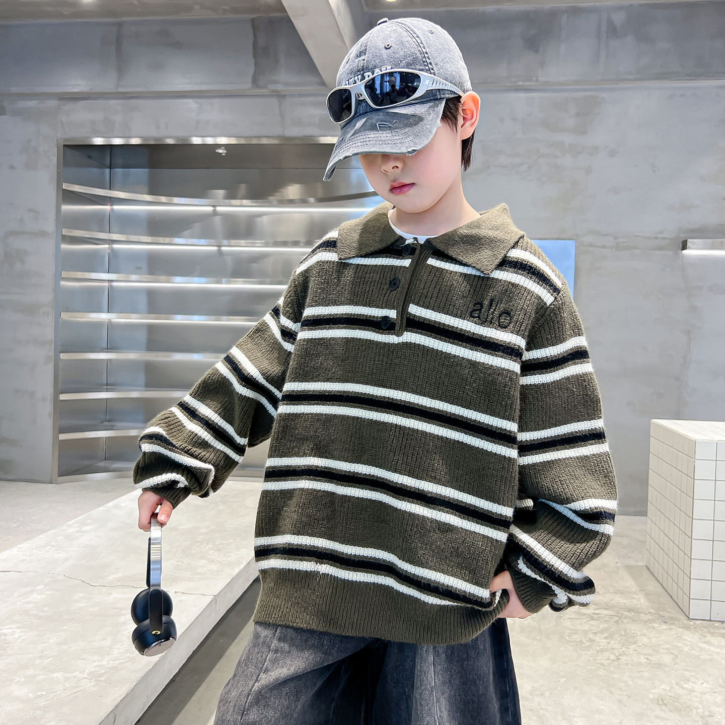 Jungen Polo Pullover Gestreift Winter Strickpullover Warm Kinder_voghion.com