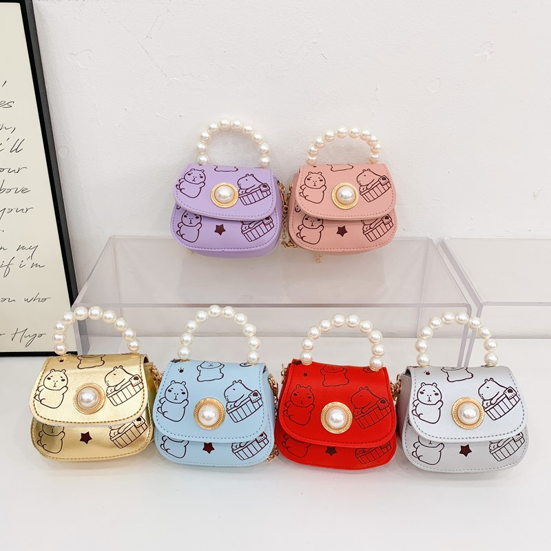 2025 nuevo bolso para niños estilo occidental mini bolso diagonal para bebé dulce cadena de moda de perlas bolso de hombro para niñas
