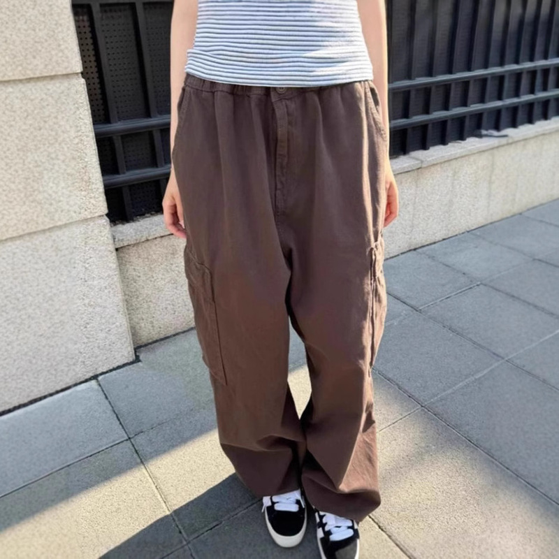 BM Style New Arrival American Style Retro Coffee Color High Waist Large Pocket Overalls Women's Loose Bm Casual Straight Wide Leg