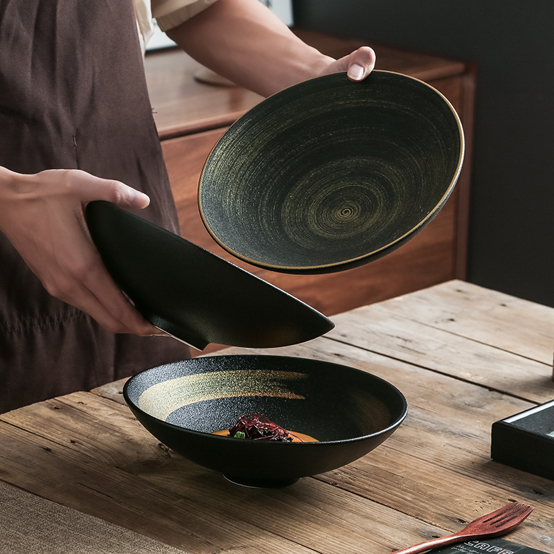 Tazón de sopa grande de cerámica de arena de oro negro pintado a mano, tazón de ensalada de alta calidad, vajilla de hotel, plato de cerámica, tazón de comedor doméstico, grande