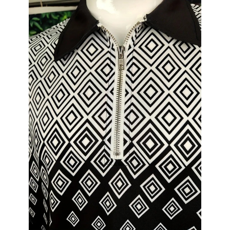 Simple retro geométrico blanco y negro patrón de degradado estampado 3D hombre casual de manga larga cremallera suelta camisa POLO