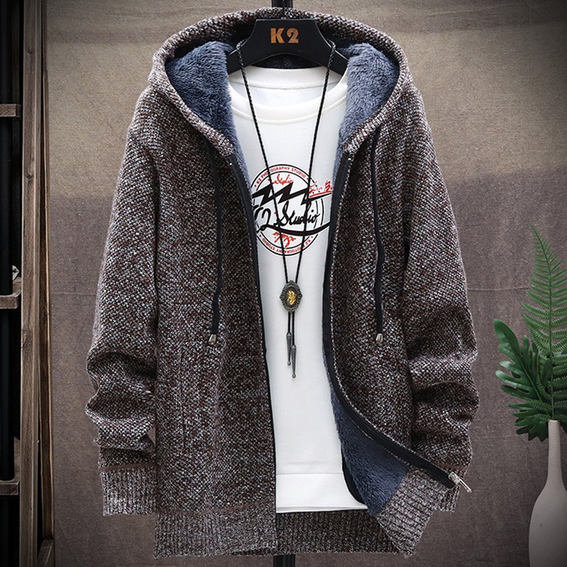 Men's Knitted Cardigan Sweater Jacket for Spring and Autumn, Hooded Fleece Thickened Autumn and Winter Jacket for Teenagers