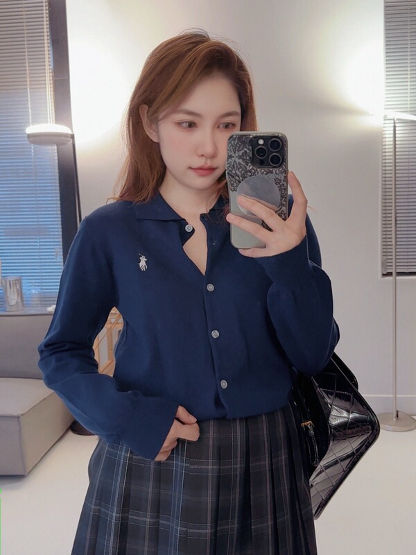 RL拉夫小马刺绣细针翻领开衫毛衣女款秋冬季长袖针织衫上衣POLO领|undefined