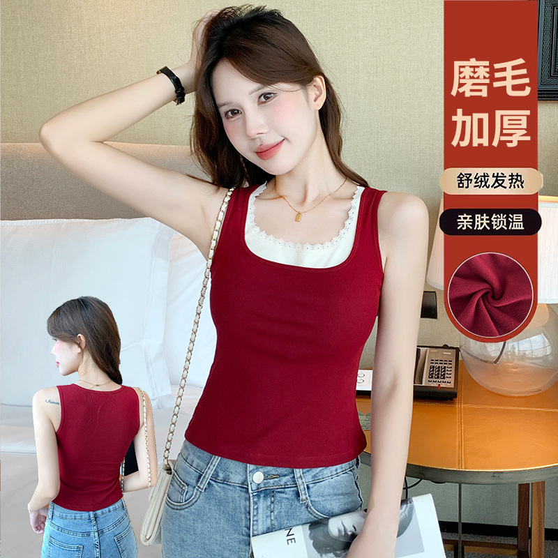 秋冬新款假两件蕾丝边磨毛保暖背心女带胸垫内搭外穿无袖保暖上衣|undefined