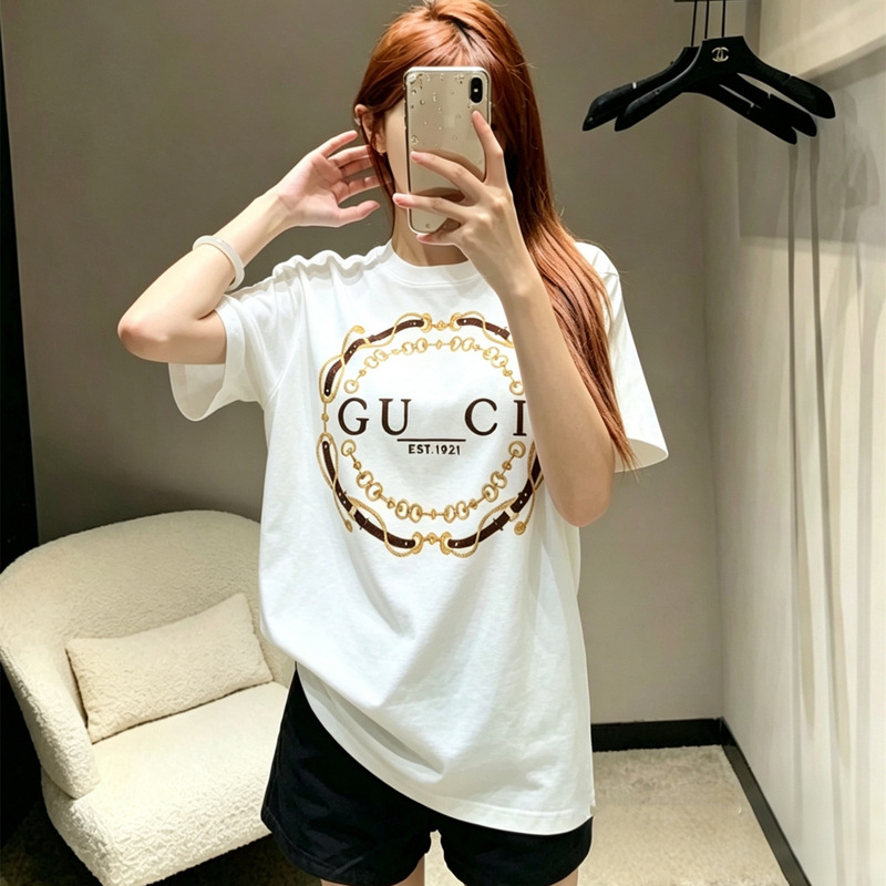 Cross-Border Authentic Version Original Label Gu Double g Interlocking Wheat Spike Letter Embroidery Short-Sleeve T-Shirt for Men and Women