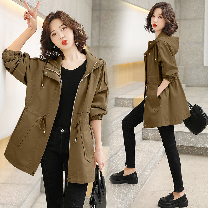 Windbreaker Women's Mid-Length 2025 Spring New Korean Style Loose Hooded Age-Reducing Casual Spring and Autumn Work Jacket