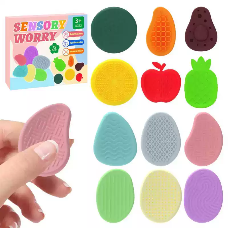 Сенсорные игрушки-фиджет — набор текстур фруктов и камней, мягкие тактильные элементы, 6–12 шт