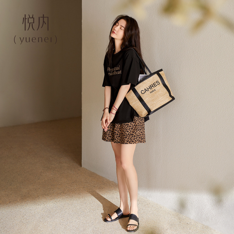 Yuenei パジャマ レディース 夏 モーダル 半袖 ショーツ ホーム服 カジュアル ラウンドネック プルオーバー 屋外で着用可能 ヒョウ柄|undefined