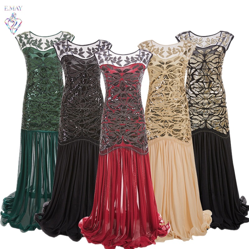 Foreign Trade 1920S Annual Meeting Dinner Long Dress Retro Sequin Beading and Mesh Lotus Leaf Floor-Length Dress