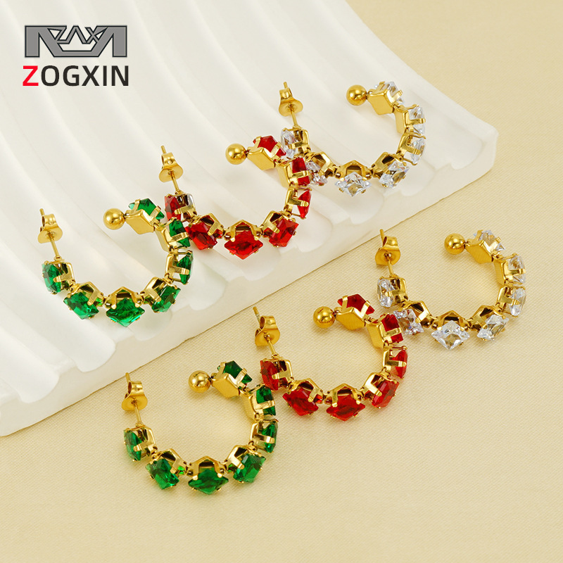 Cross-border Stainless Steel Diamond Earrings Ear Ring European and American Elegant Fashion 18K Golden Titanium Steel Light Luxury Zircon Earrings for Women