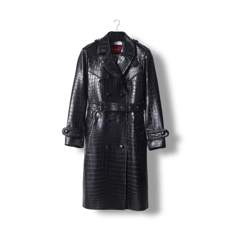 High-End Trench Coat for Women, Mid-Length Nile Crocodile Leather Trench Coat with 100% Mulberry Silk Lining, British Style