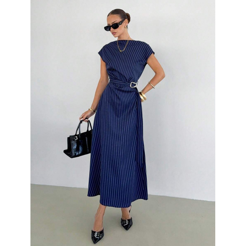 Cross-Border Amazon European Goods Summer New Design Navy Blue Striped Elegant Commuter Round Neck Long Dress Cross-Border Amazon European Goods Summer New Design Navy Blue Striped Elegant Commuter Round Neck Long Dress