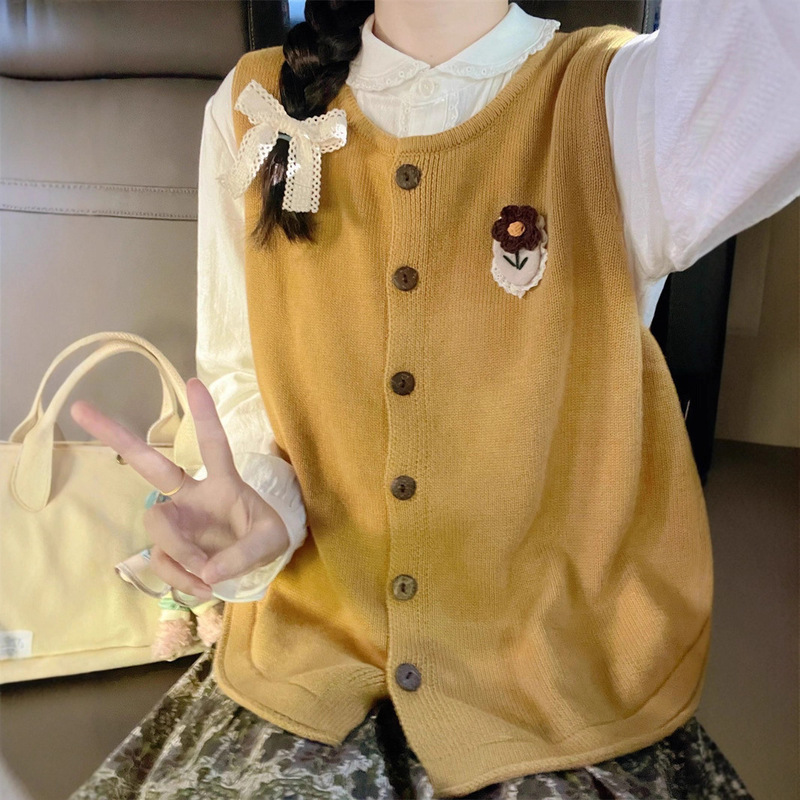 日系复古黄色针织马甲女秋冬装叠穿无袖马夹外搭开衫百搭毛衣背心|undefined