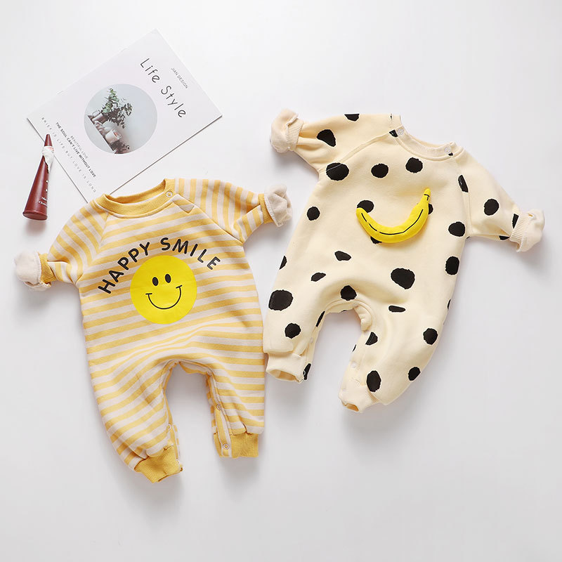 2023 estilo coreano ins bebé niños y niñas Polka Dot plátano rayas Smiley cara engrosada manga larga mono