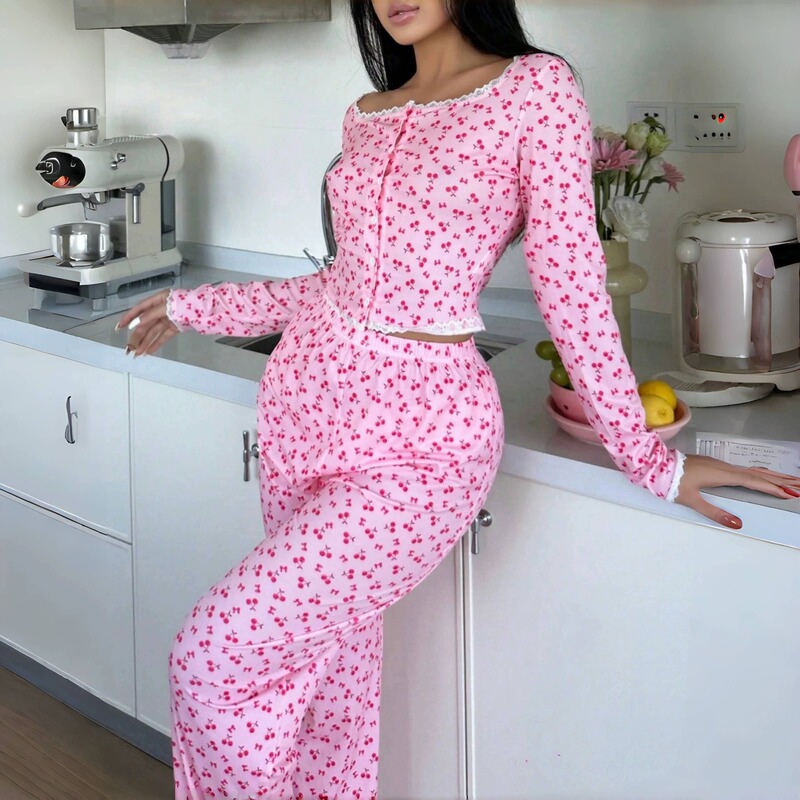 Cross-Border Popular European and American Sweet Style Cherry-Shaped Lace Trim Loungewear Long Pants Long-Sleeve Women's Pajama Set