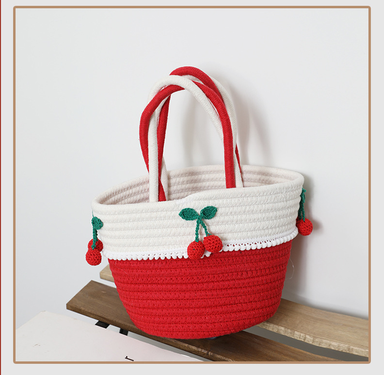 Double Handle Strap Type Tote Bag, Straw Bag Bags Type Casual, Holiday, Street Occasion Women's Cotton Rope Color Block Fruit Vacation Beach Streetwear Weave Bucket Open Tote Bag Straw Bag